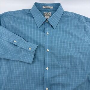 LL Bean Men L Reg Long Sleeve Wrinkle Resistant Traditional Fit Blue Plaid Shirt